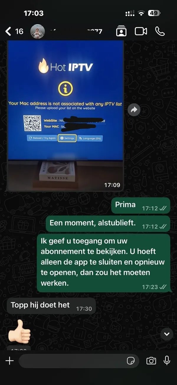Screenshot van een WhatsApp-gesprek. De klant wordt door het activeren van zijn abonnement geloodst en meldt daarna “Topp hij doet het”, met een duim omhoog erachter.