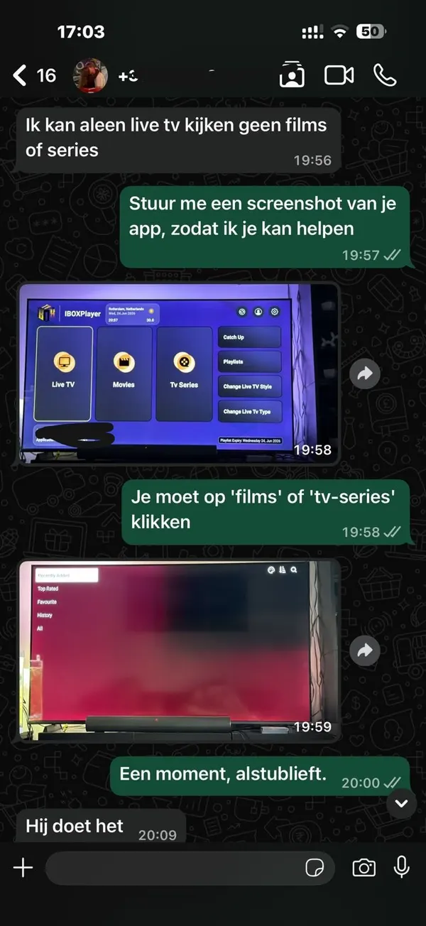 Screenshot van een WhatsApp-gesprek. Bij de klant verscheen alleen live tv. Er wordt uitgelegd waar de films en series te vinden zijn, waarop hij terugschrijft “Hij doet het”.